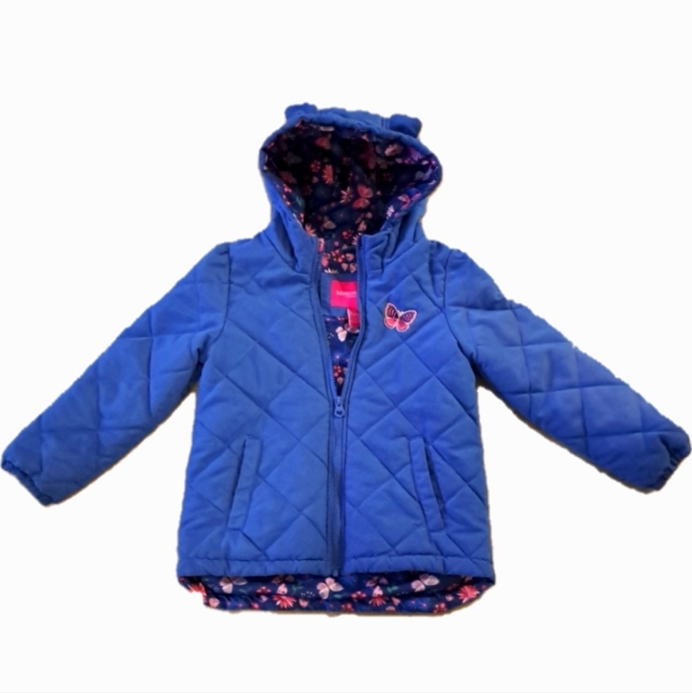 London Fog Blue Kids Jacket Butterfly Patch Floral Lining Girl's Size L/G